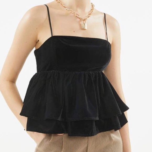 Urban Outfitters Tops - UO Velvet Babydoll Top Black Tiered Peplum Cami M